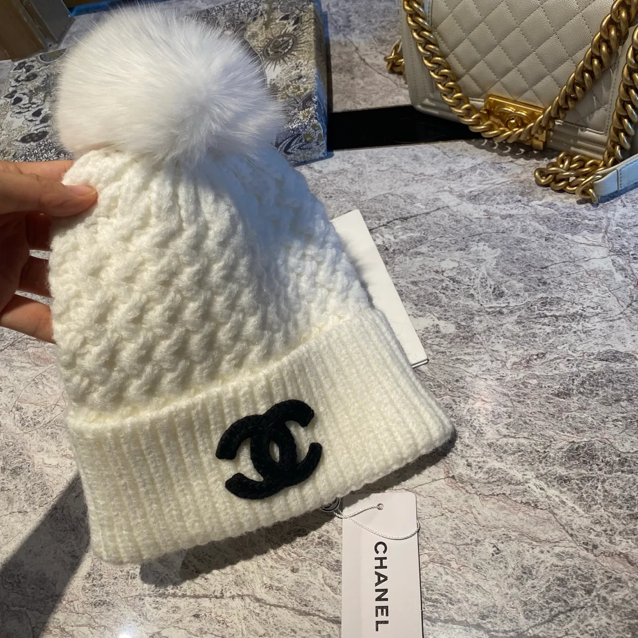 Chanel Pom Beanie in Black & White & Beige & Grey · view 6