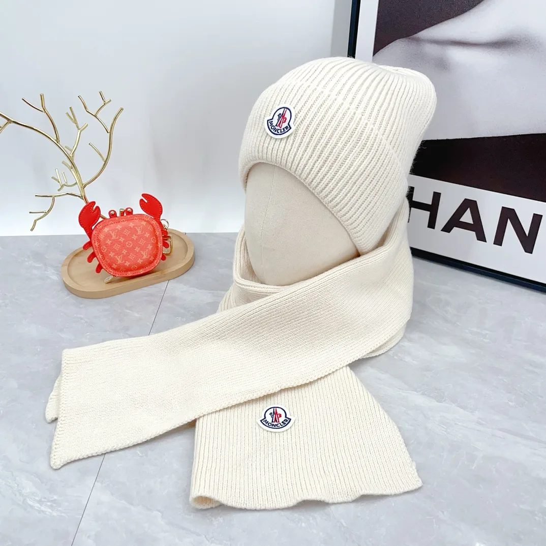 Moncler Wool Ribbed Beanie and Scarf Set in Cream · view 1