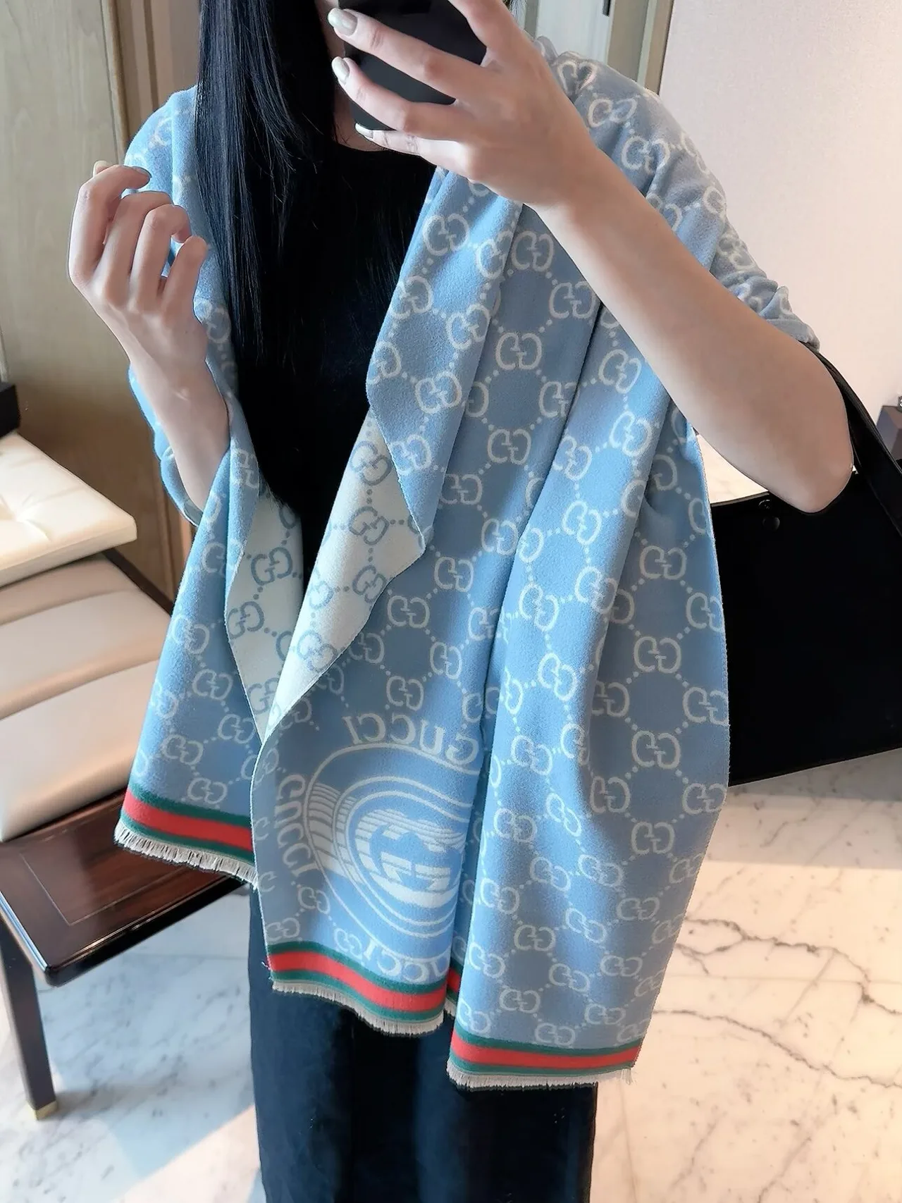 Gucci GG Web Shawl in Blue & Burgundy & Beige · view 5
