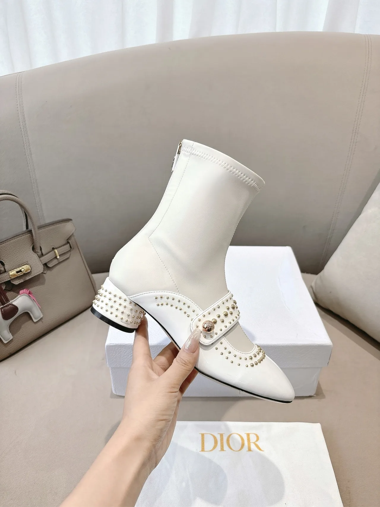 Dior Sheepskin Patent Leather Glossy Studded Ankle Boots in White · view 4