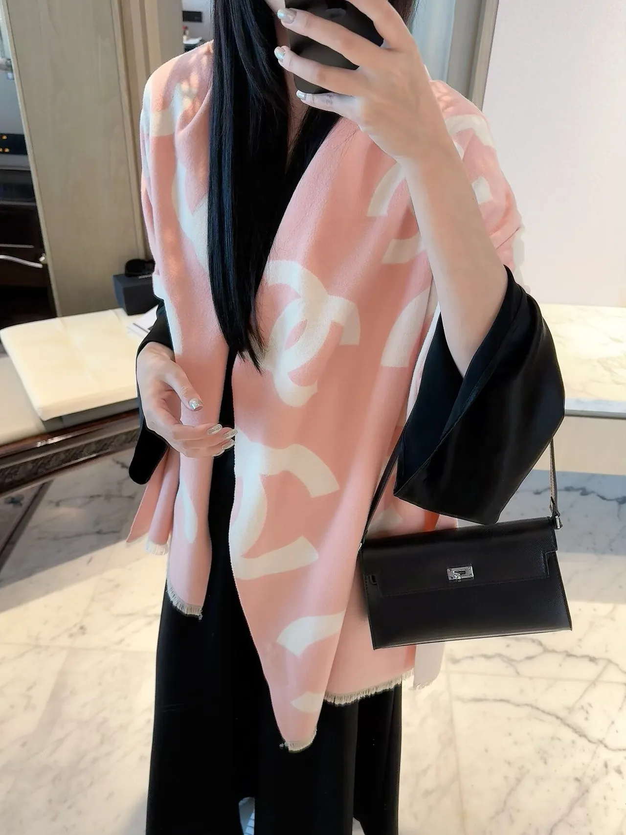 Chanel CC Jacquard Scarf in Pink & Cream · view 3