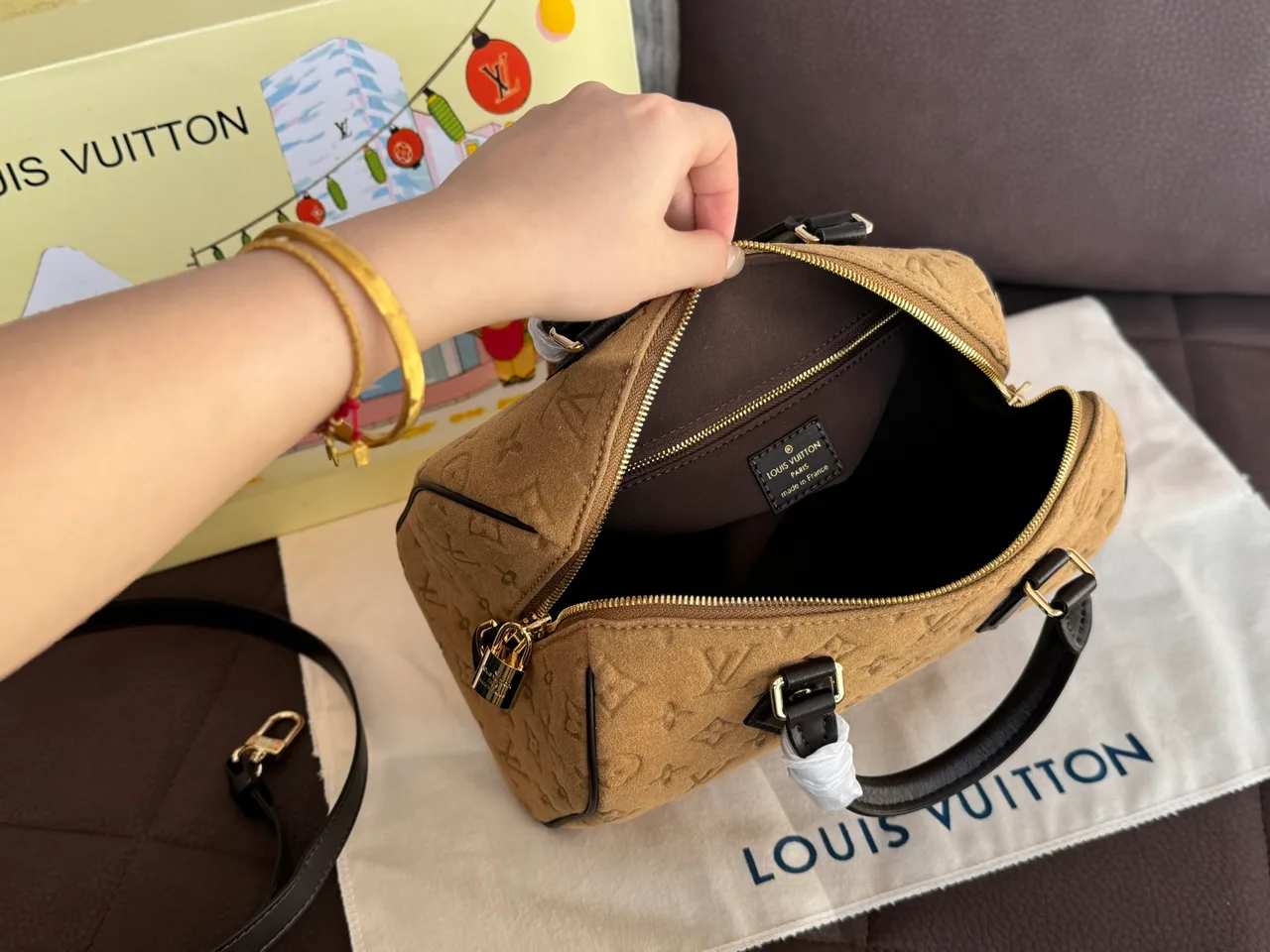Louis Vuitton Speedy 25 Embossed Suede Pillow Top-Handle Bag in Tan · view 8