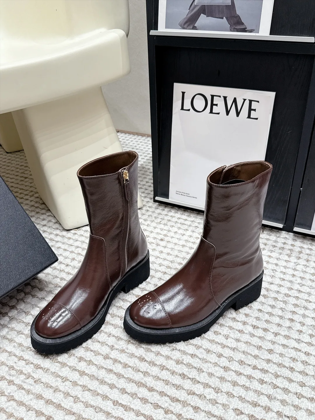 Loewe Cowhide Glossy Round-Toe Ankle Boots in Brown · view 3