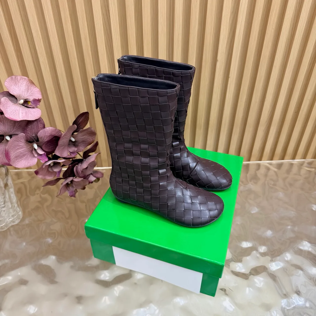 Bottega Veneta Smooth Woven Mid-Calf Boots in Brown · view 1