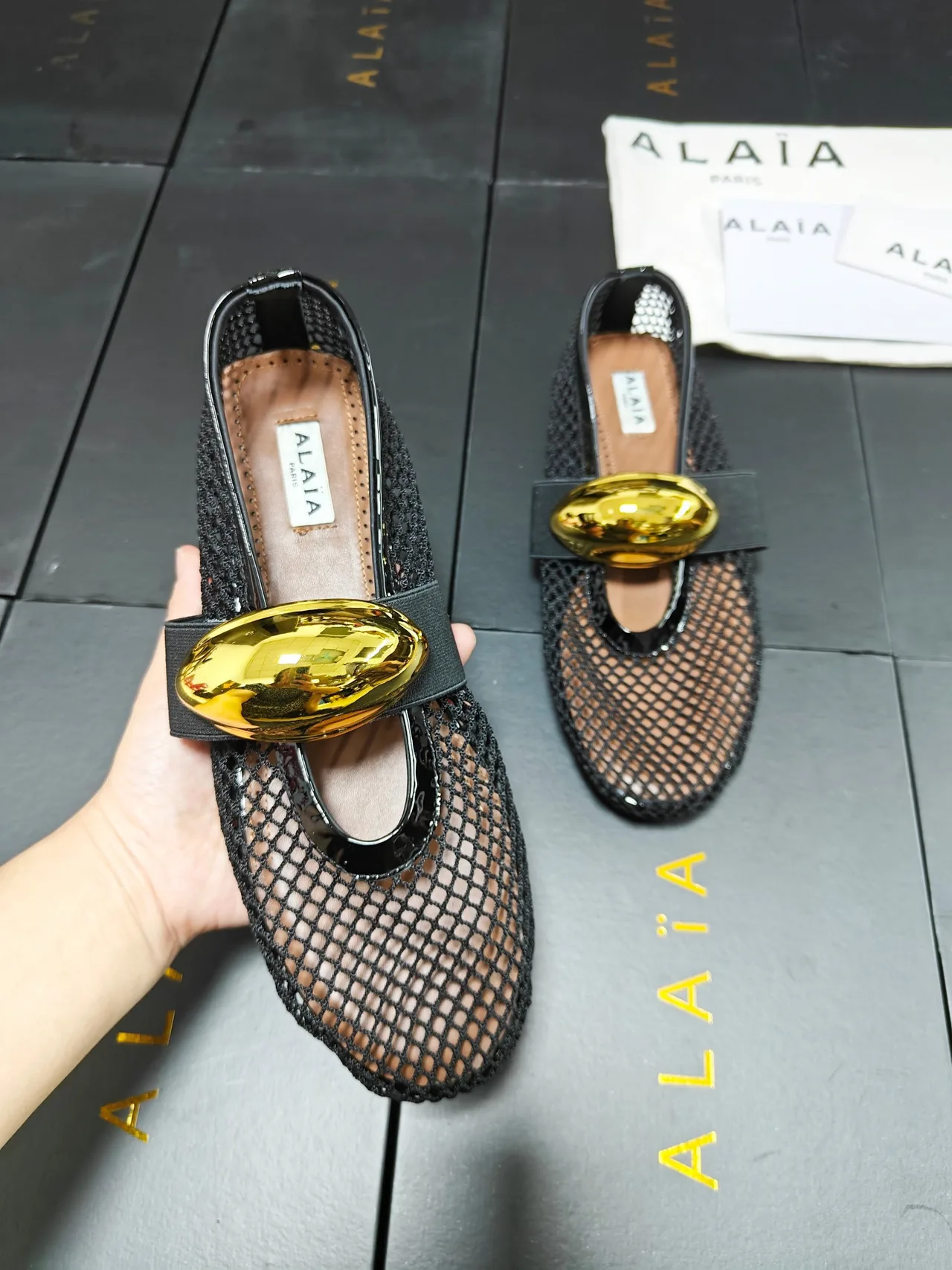 Alaia Cowhide Sheepskin Pointed-Toe Mesh Ballet Flats in Black · view 7