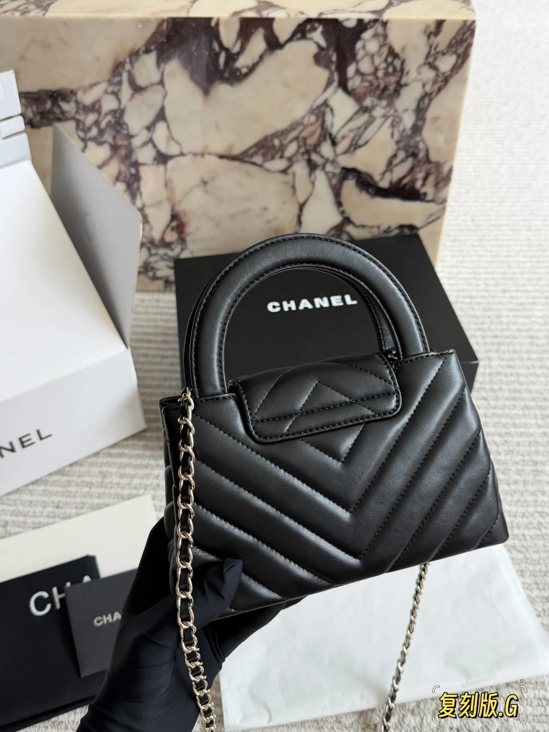 Chanel Lambskin Quilted Top-Handle Bag in Black · view 3