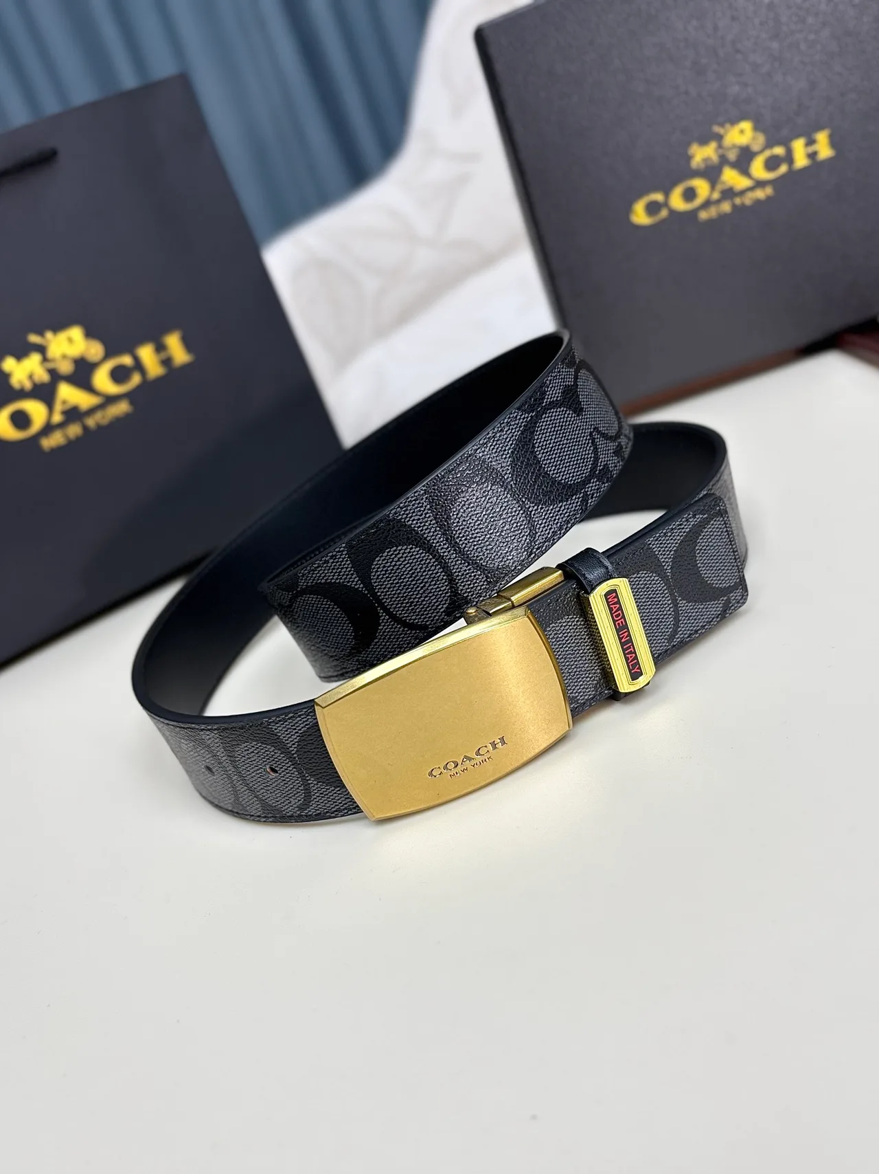 Coach Logo-pattern plate buckle belt in Black & Brown · view 3