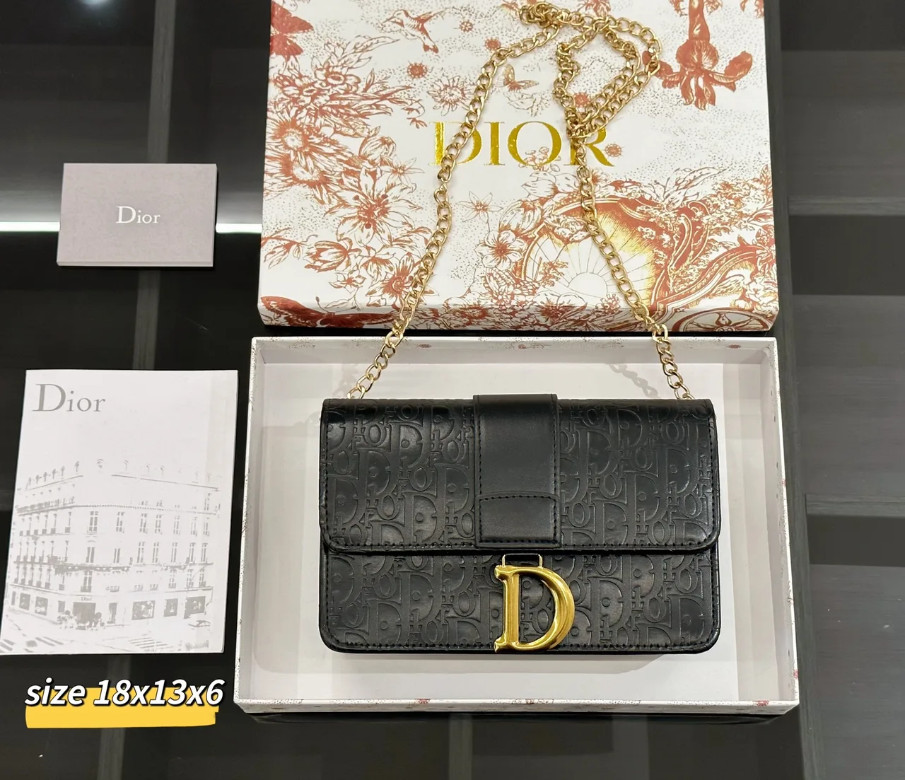 Dior Saddle-Style Chain Wallet in White / Black / Grey / Blue · view 2