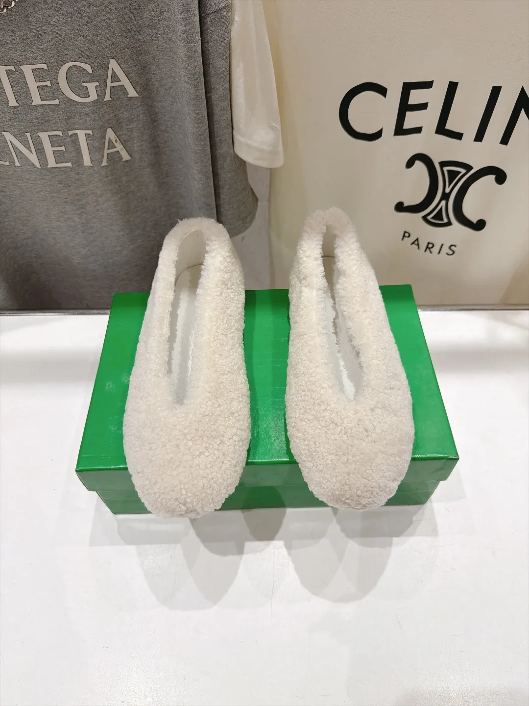 Celine Round-Toe Fleece Ballet Flats in Cream · view 1