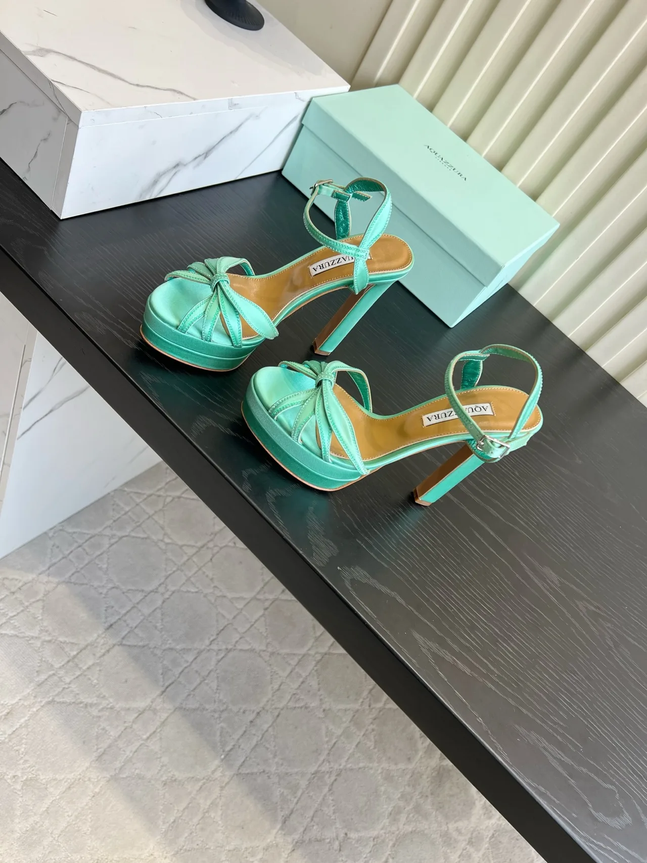 Aquazzura Silk Bow Platform Heeled Sandals in Green · view 2