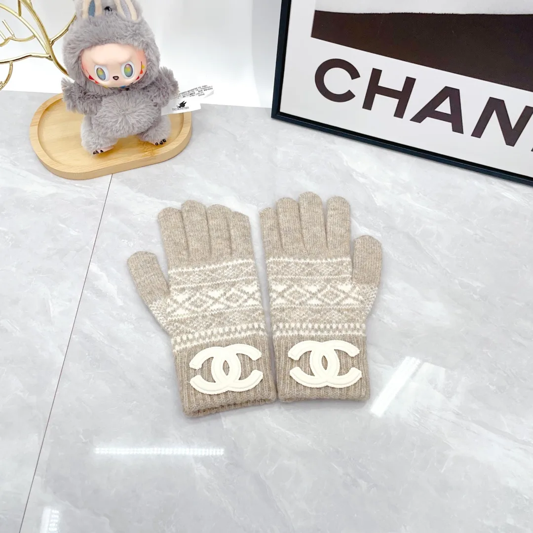 Chanel 50% Wool 50% Acrylic Ribbed Beanie, Scarf and Gloves Set in Beige · view 7