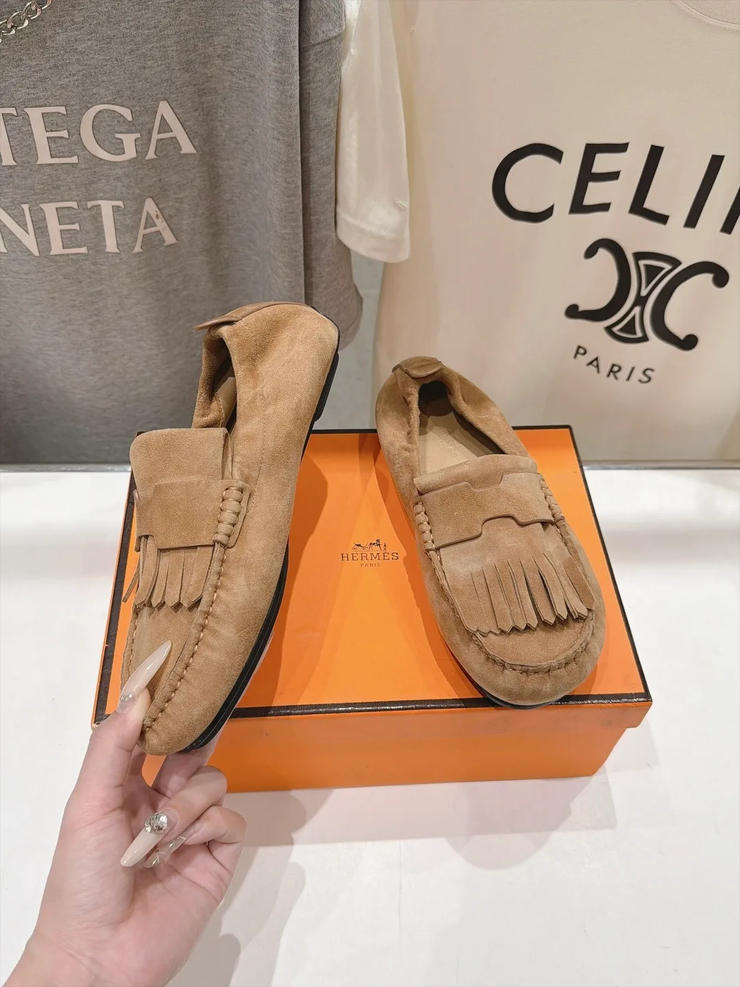 Suede-Look Round-Toe Fringe-Vamp Loafers in Brown · view 3