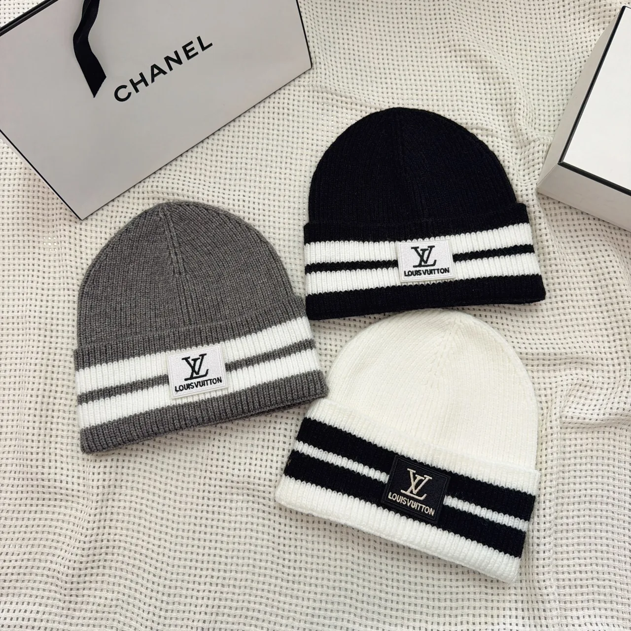 Louis Vuitton Striped monogram knit beanie in Grey & Black & Blue & Burgundy & Brown & Red & White · view 1