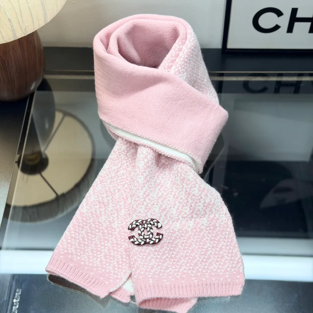 Chanel Ribbed Embroidered Beanie, Scarf and Gloves Set in Pink · view 5