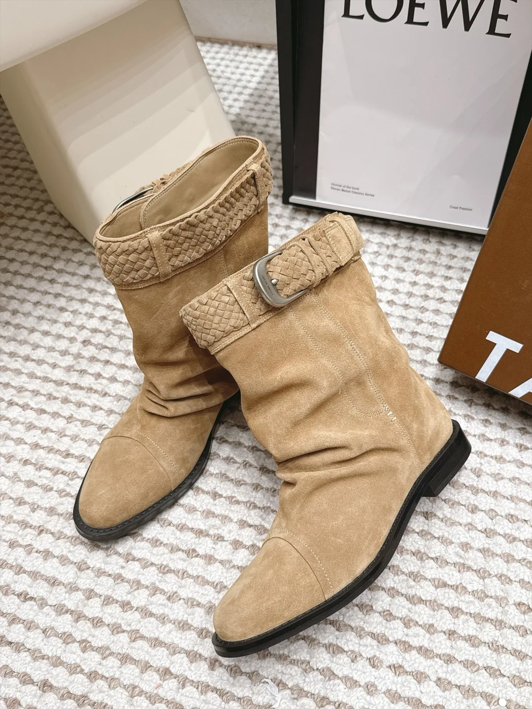 Loewe Woven Suede-Look Round-Toe Boots in Tan · view 5