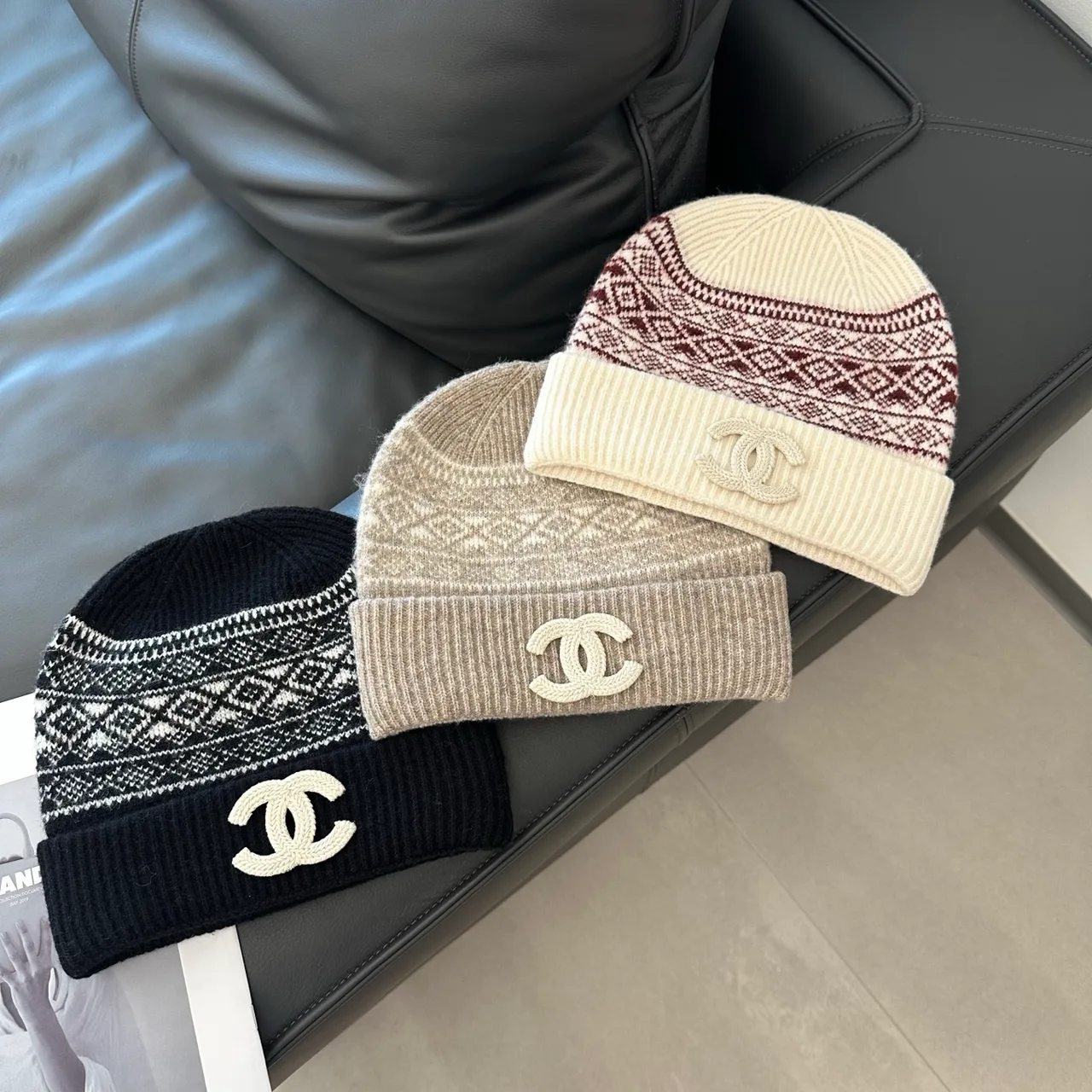 Chanel Hat, Scarf and Gloves Set in Beige & Black · view 5