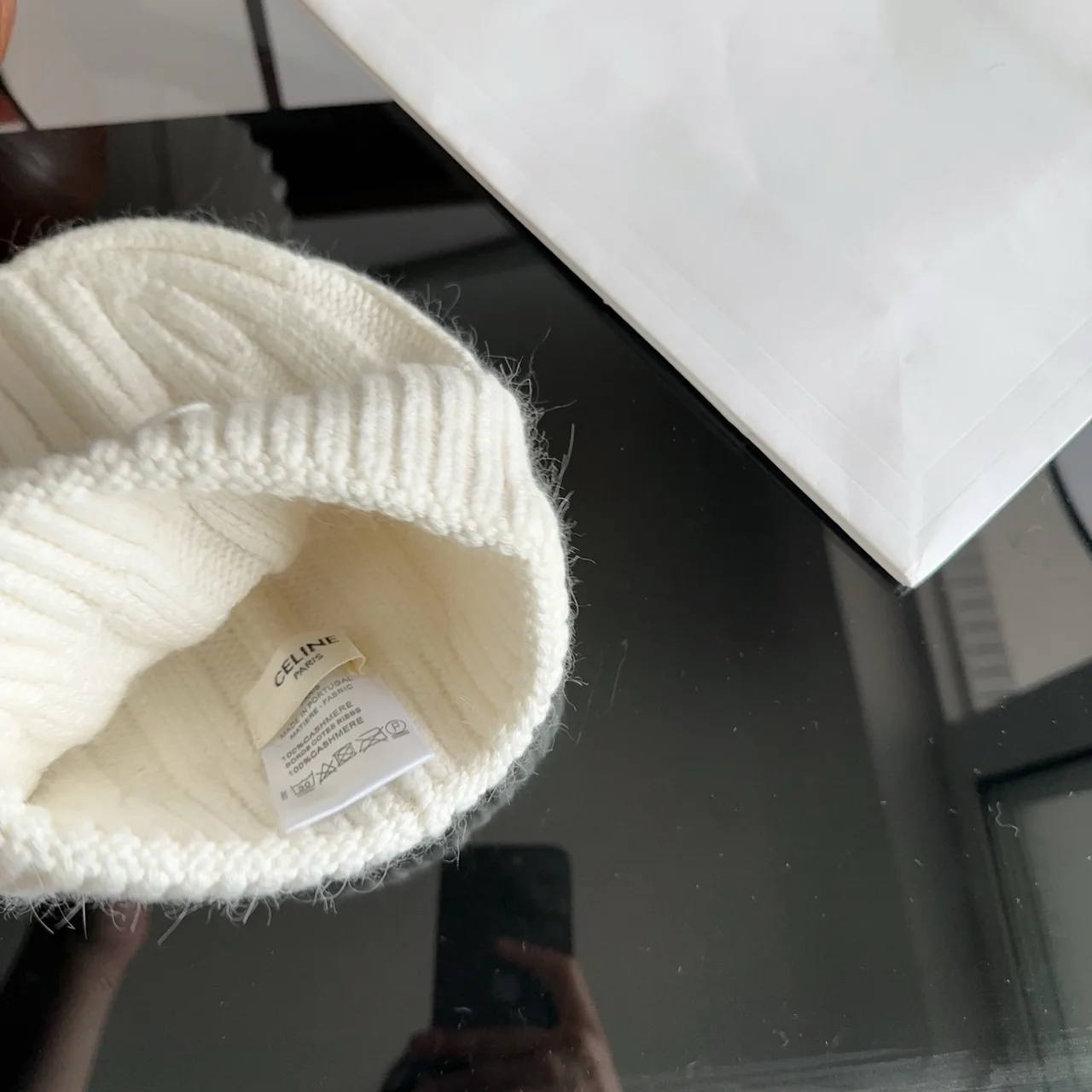Celine Ribbed Glossy Beanie in White · view 8