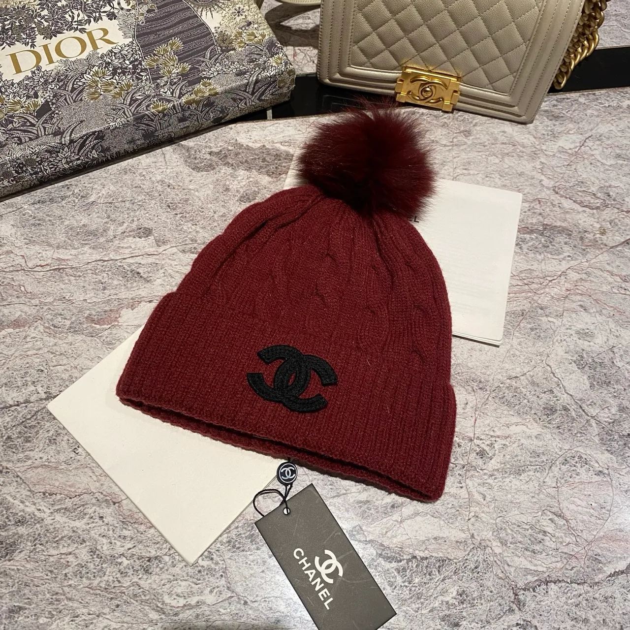 Chanel CC pom knit beanie in Blue & Burgundy & Black & White & Grey & Cream & Pink & Tan · view 2