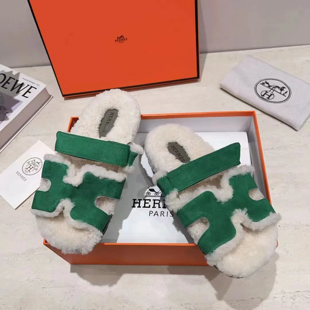 Hermes Sheepskin Chypre Shearling Slides in Green · view 5
