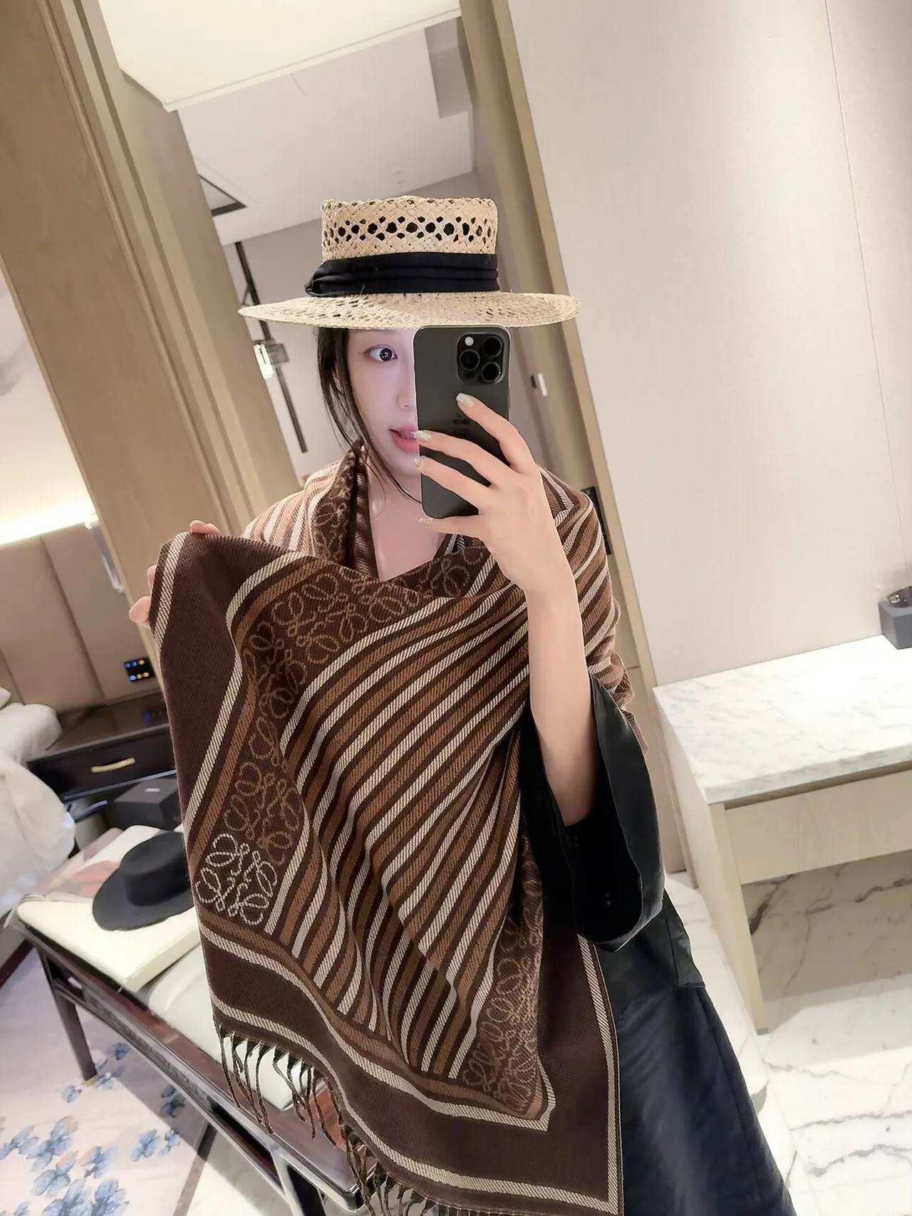 Loewe Striped Anagram fringed scarf in Beige & Brown · view 6