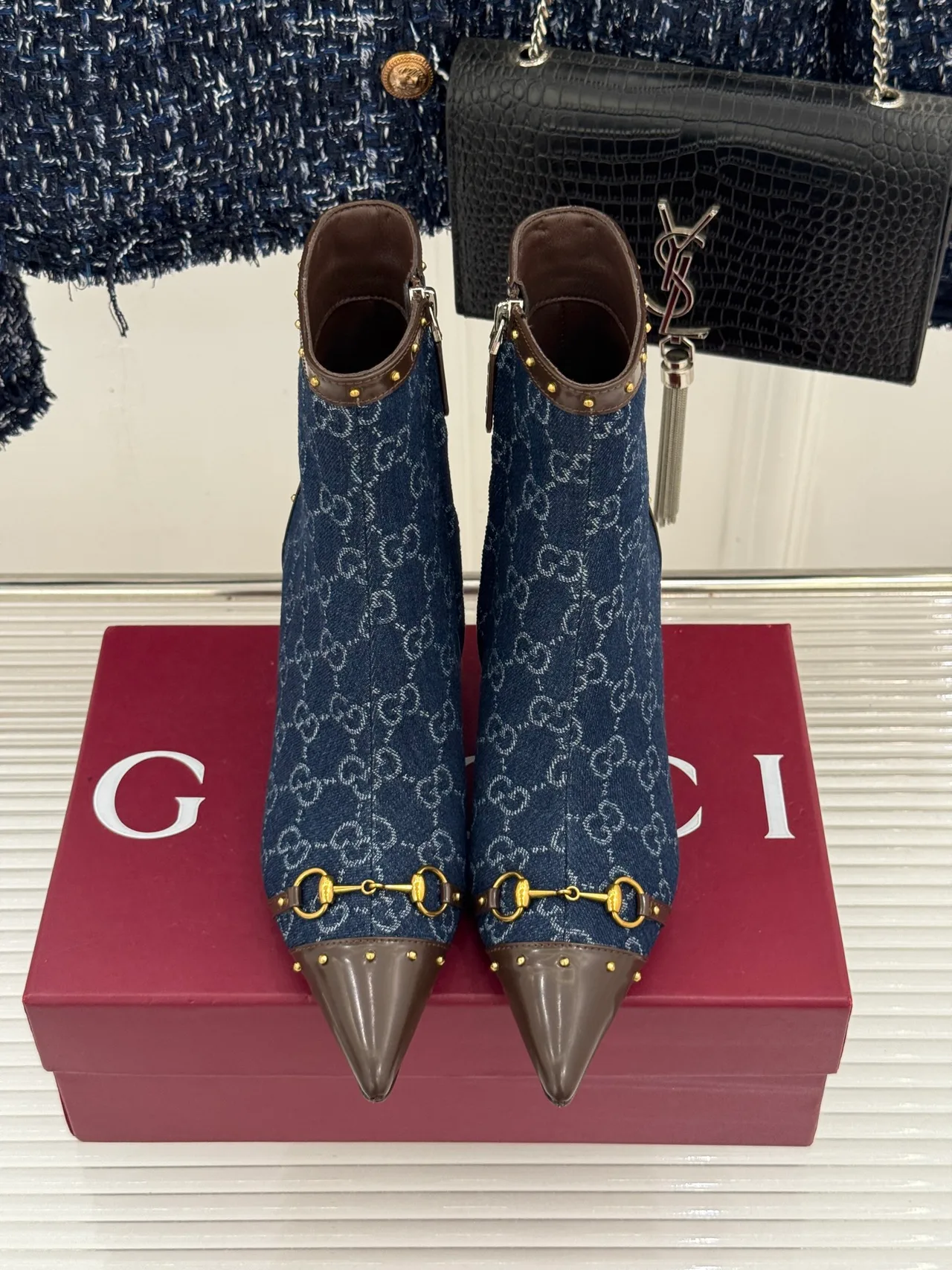 Gucci Sheepskin Canvas Ankle Boots in Blue · view 3