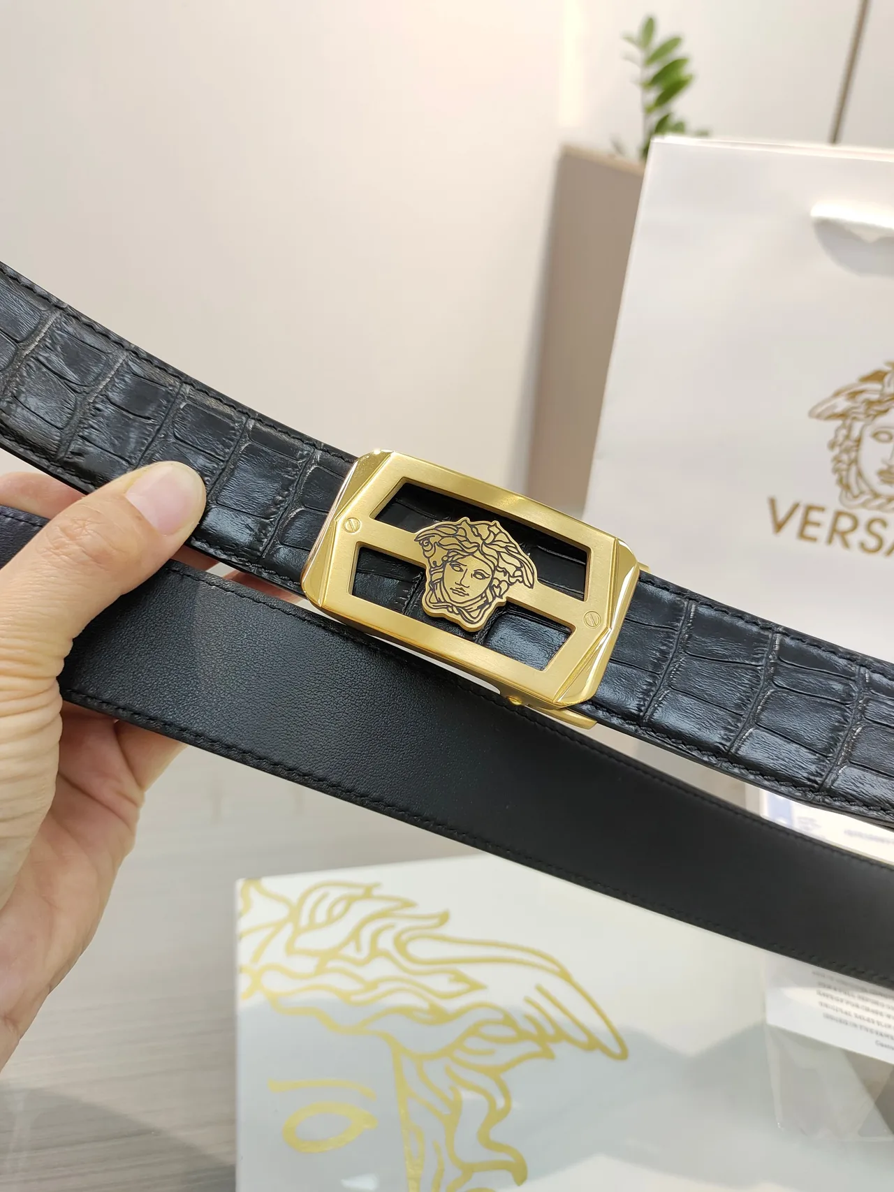 Versace Calfskin Belt in Black · view 5