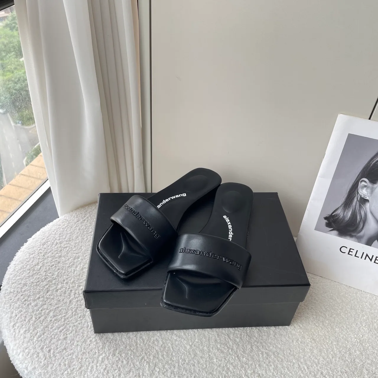 Alexander Wang Denim Logo Slide Sandals in Black · view 1