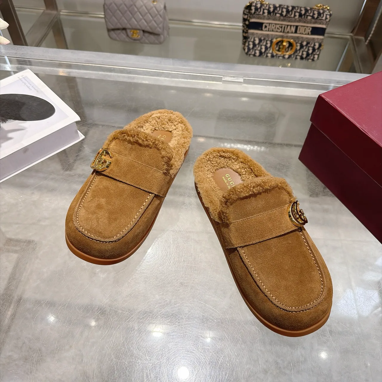 Gucci Cowhide Wool Suede-Look Mules in Tan · view 4