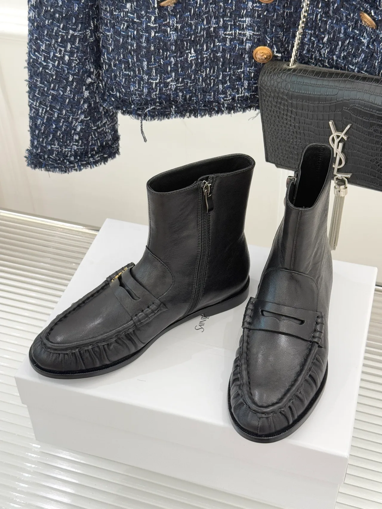 Saint Laurent Glossy Round-Toe Loafer Ankle Boots in Black · view 2