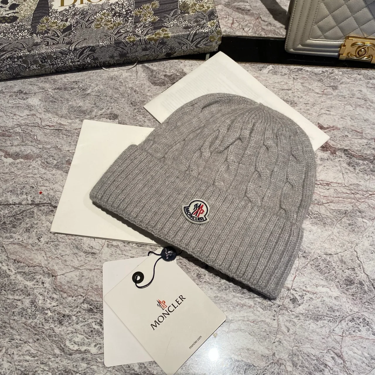 Moncler Cable-Knit Beanie in Burgundy & Cream & Tan & Blue & Grey & White & Black & Pink · view 5