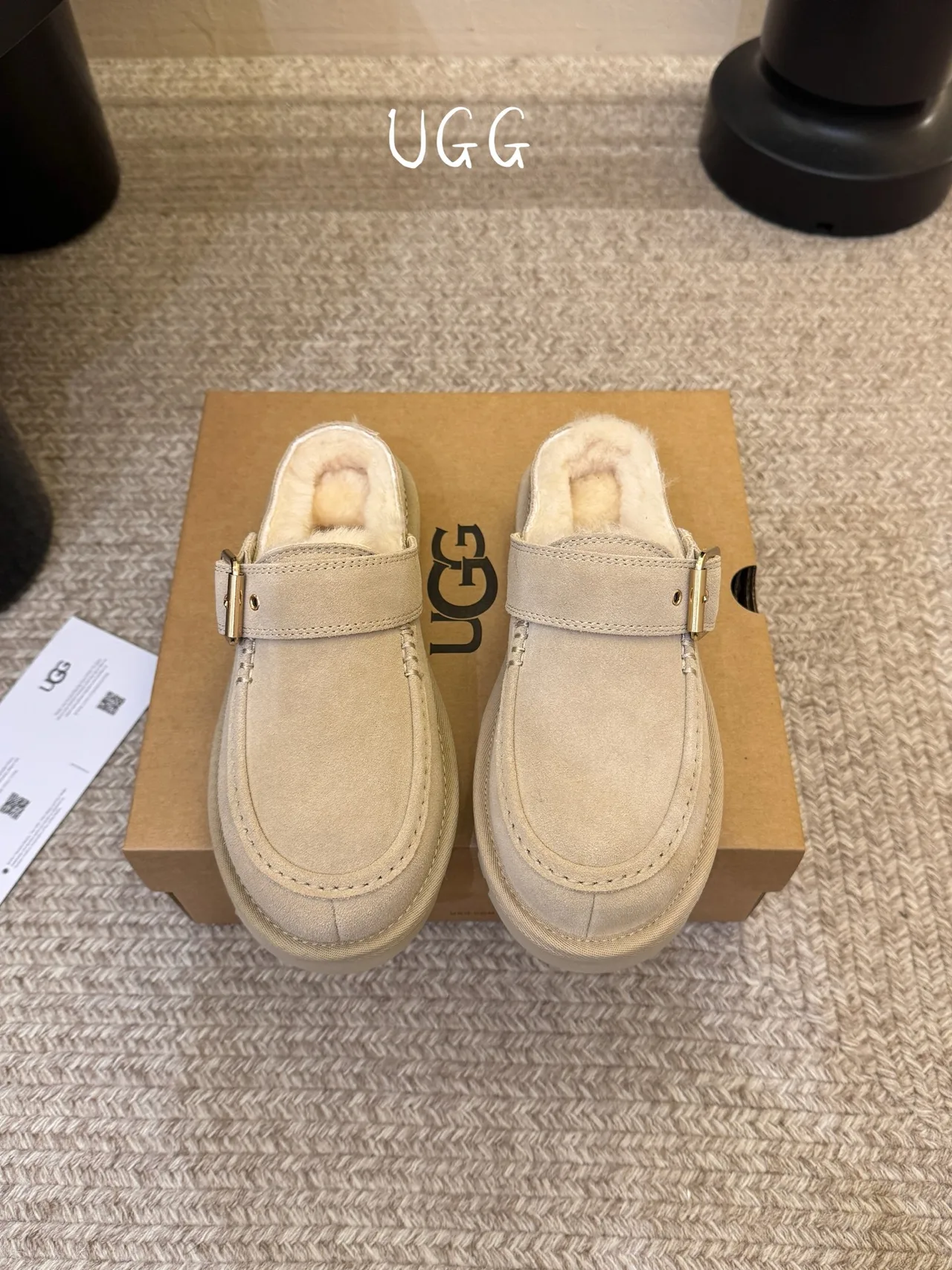 UGG Wool Suede-Look Buckle Lined Loafer Mules in Beige · view 1
