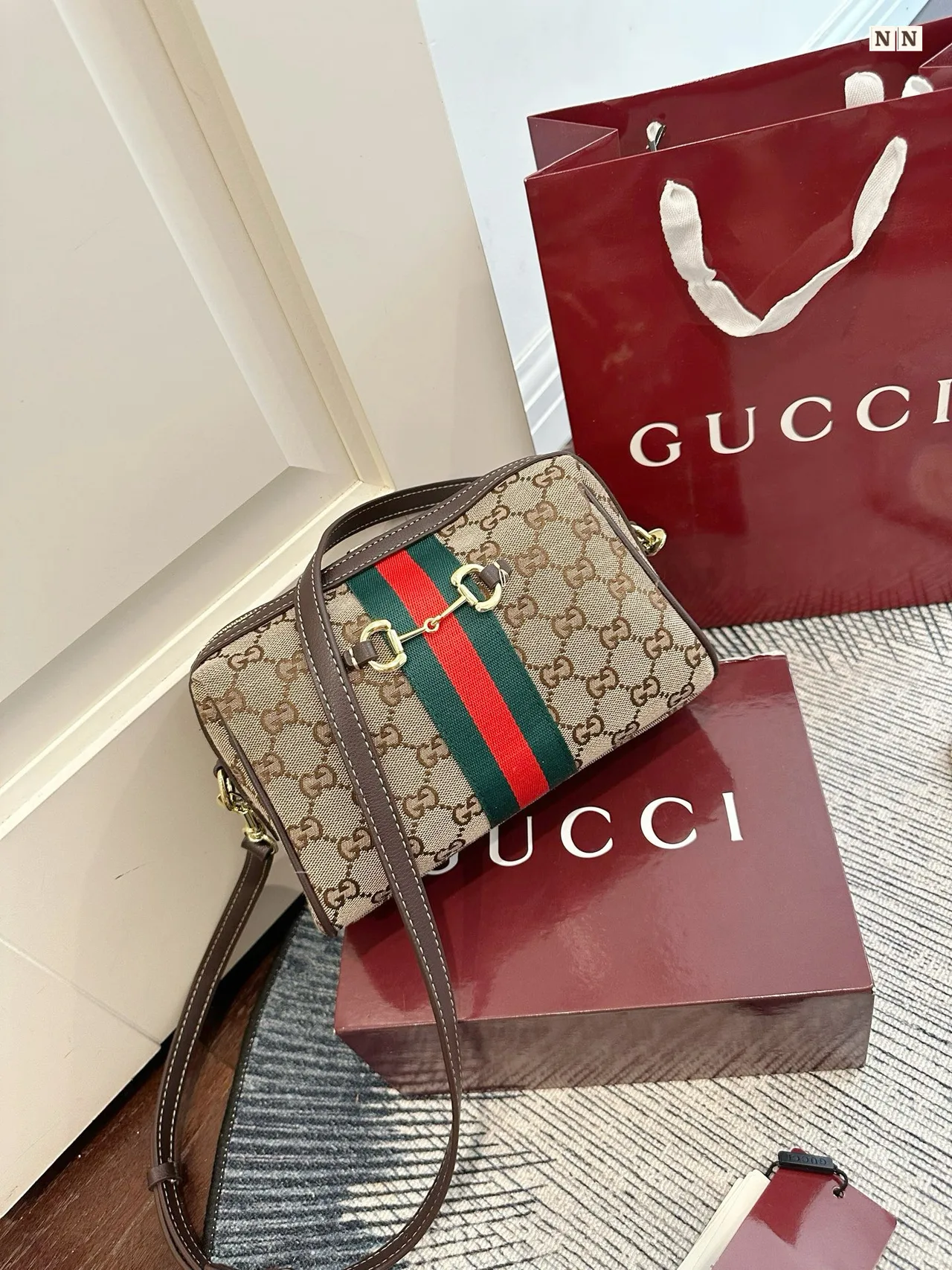 Gucci Boston Horsebit Web Camera Bag in Black & Beige · view 8