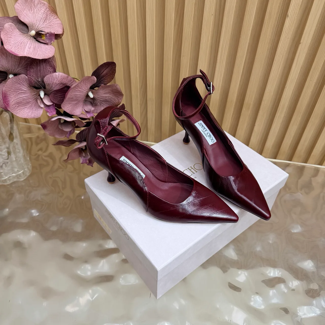 Jimmy Choo Cowhide Glossy Pointed-Toe Pointed Heel Pumps in Burgundy · view 3
