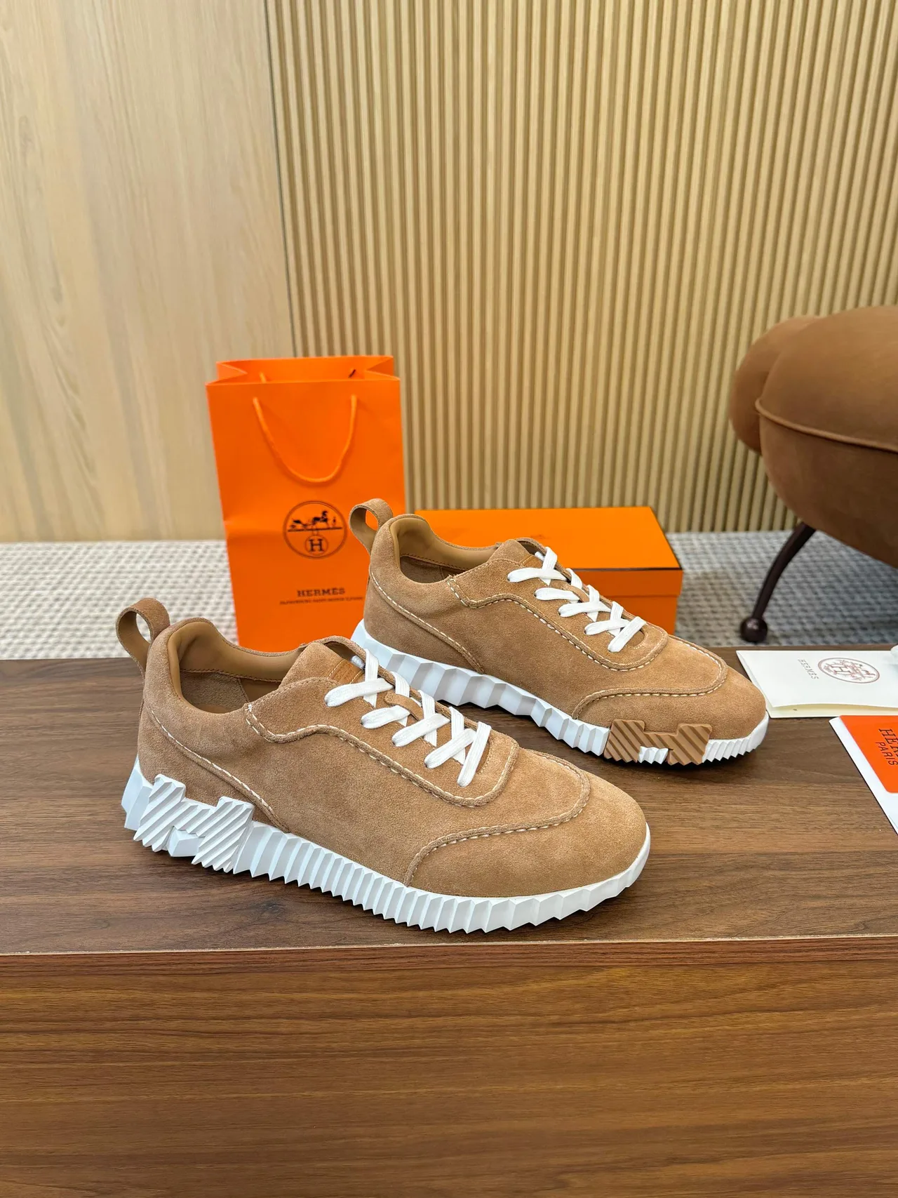 Hermes Panelled Sneakers in Tan · view 4