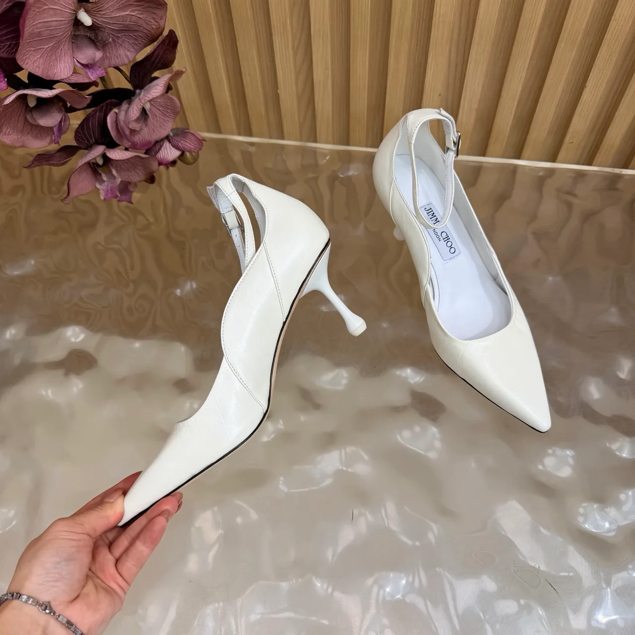 Jimmy Choo Cowhide Glossy Pointed-Toe Pointed Heel Pumps in White · view 6