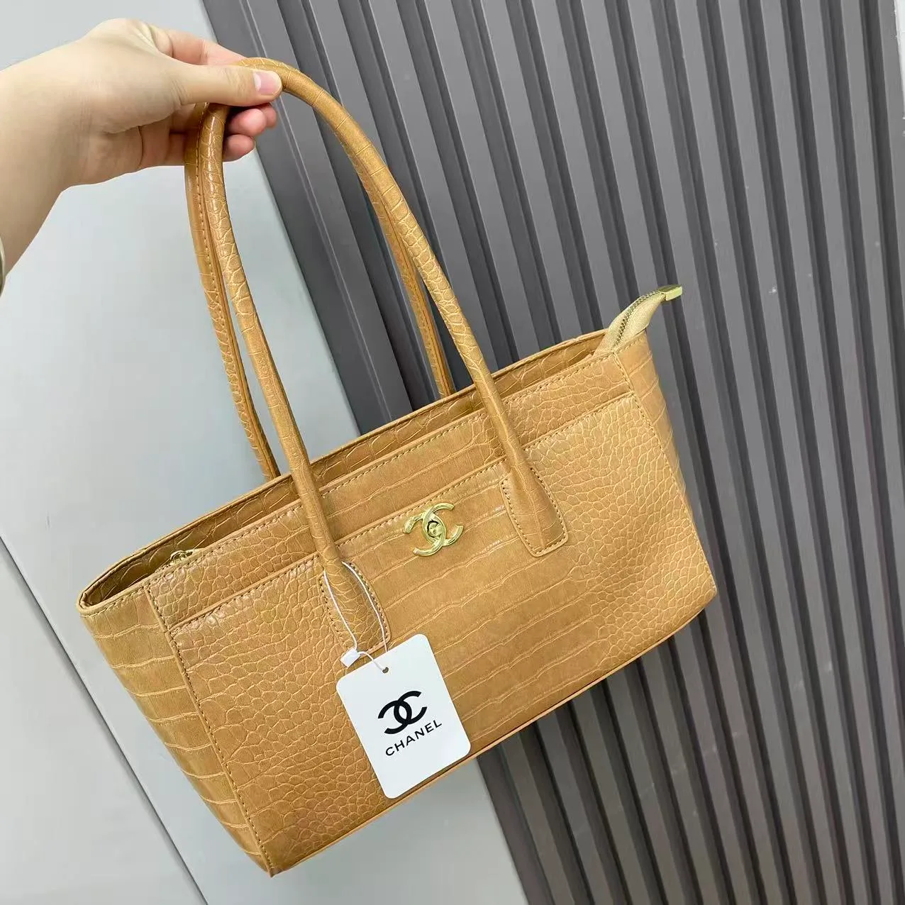 Chanel Croc-Texture Tote in Brown & White & Burgundy & Black · view 2