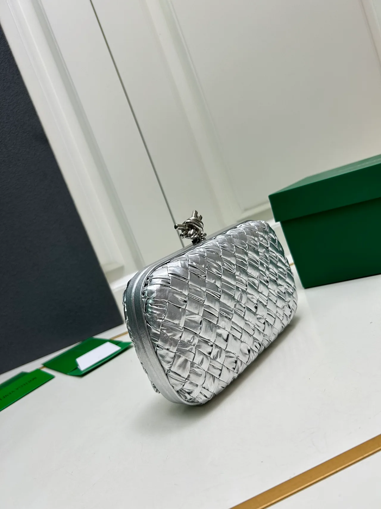 Bottega Veneta Woven Knot Clutch in Silver · view 3