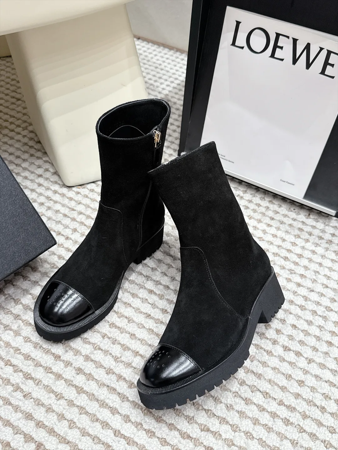 Loewe Cowhide Suede-Look Round-Toe Suede Ankle Boots in Black · view 5