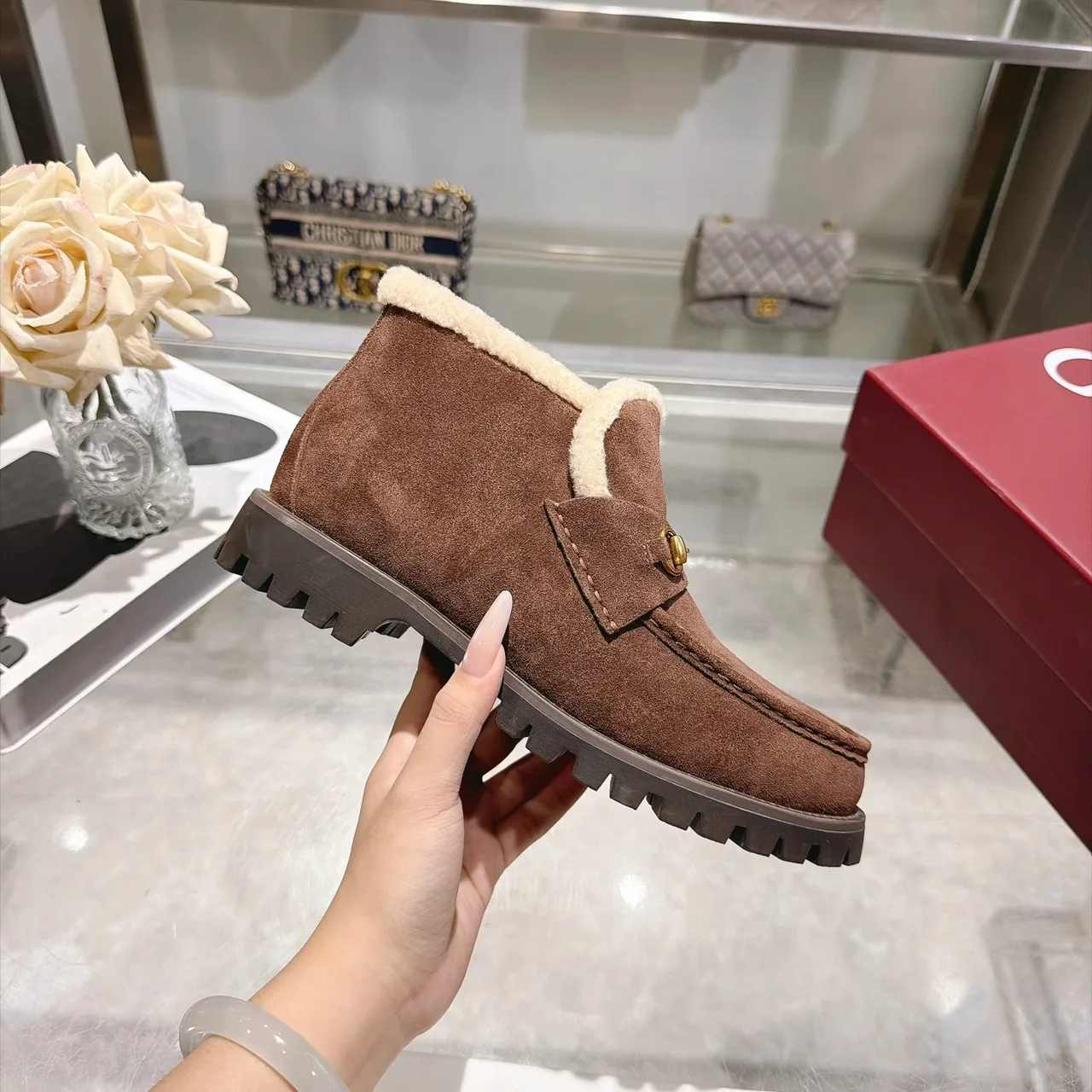 Cowhide Horsebit Lined Ankle Boots in Brown · view 5