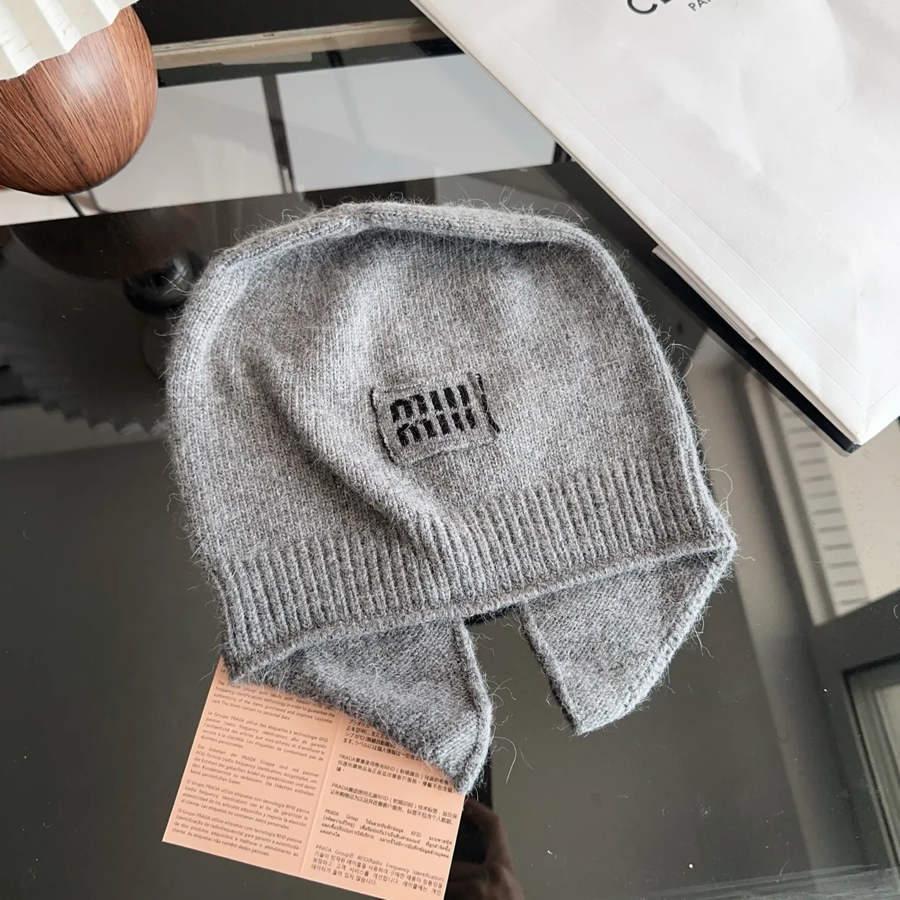 Miu Miu Ribbed Beanie in Grey · view 6
