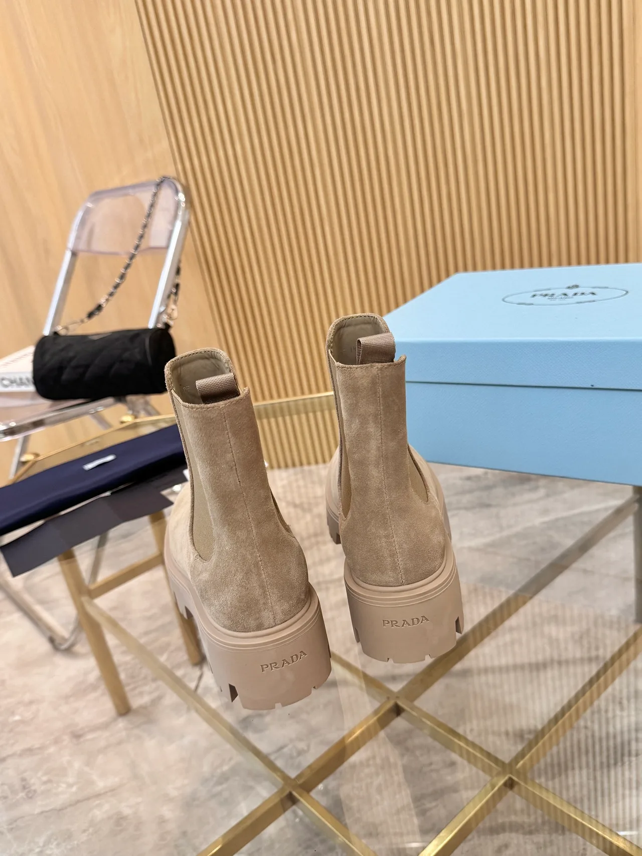 Prada Suede-Look Ankle Boots in Beige · view 5