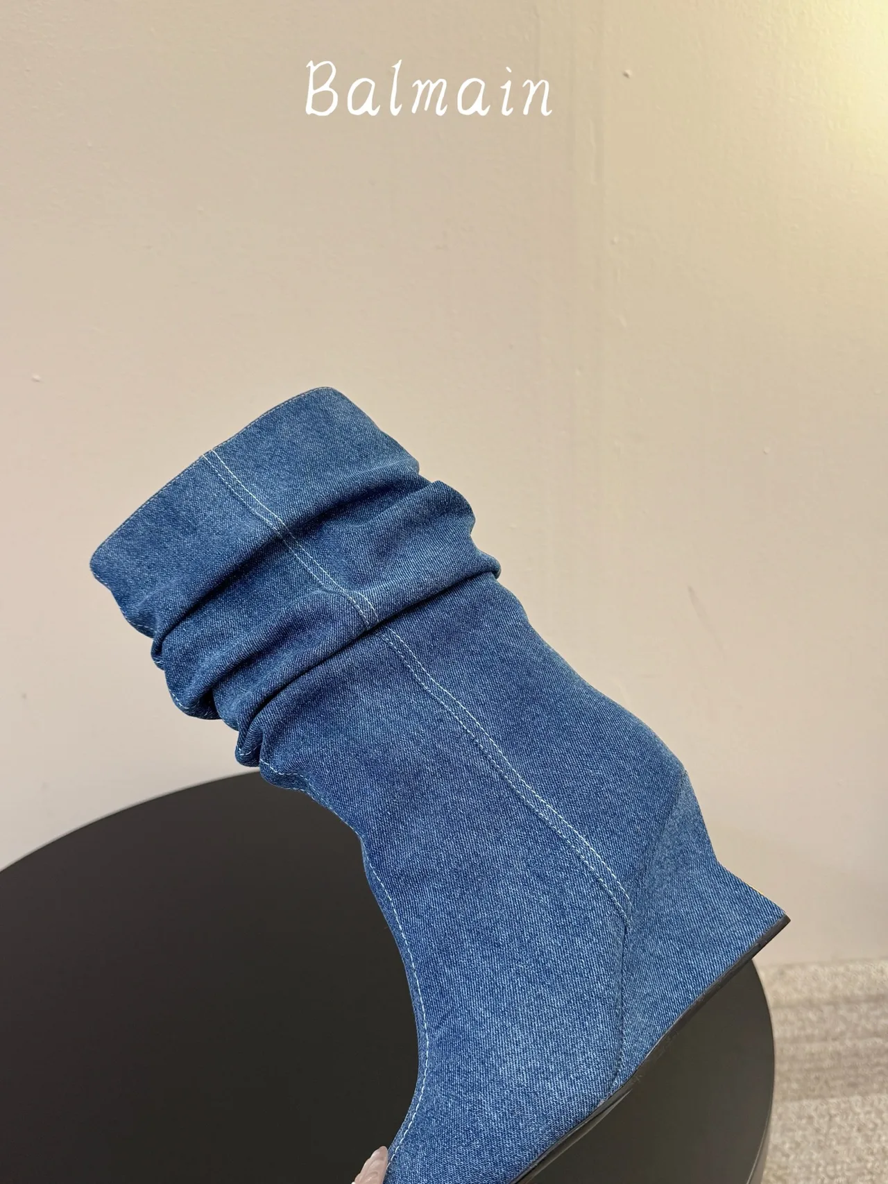 Balmain Denim Ribbed Pointed-Toe Ankle Boots in Blue · view 6