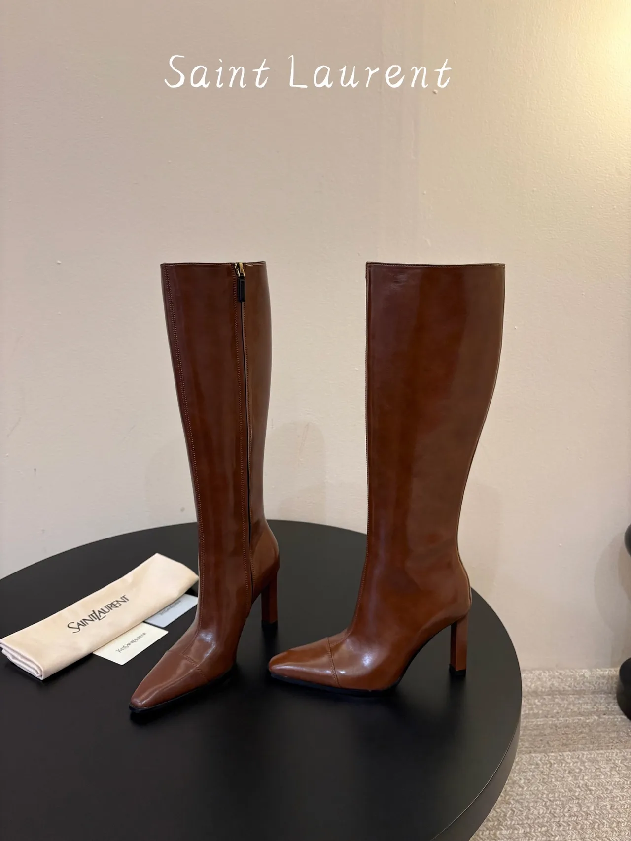 Saint Laurent Cowhide Sheepskin Knee-High Boots in Brown · view 3