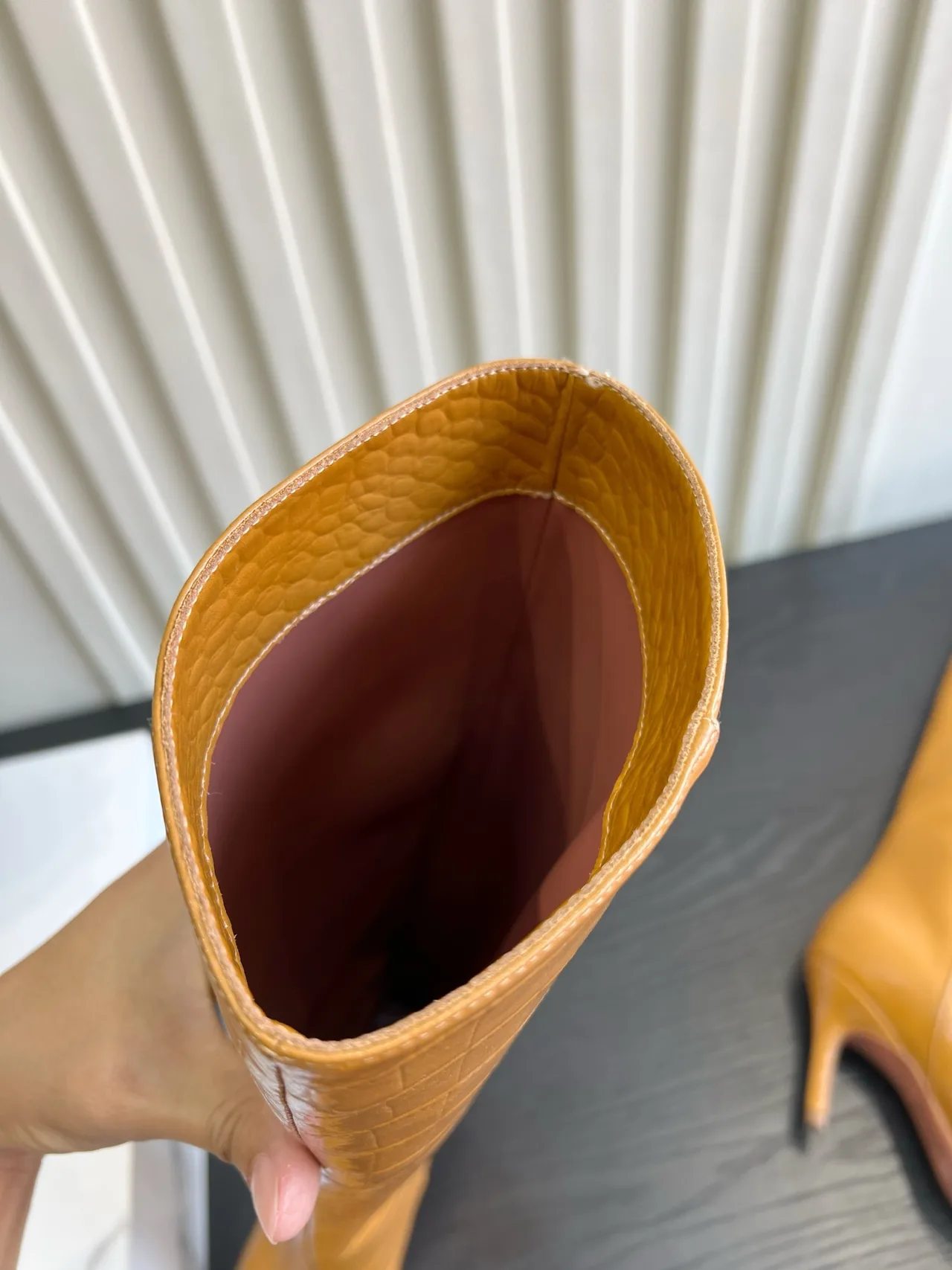 Amina Muaddi Cowhide Glossy Pointed-Toe Knee-High Boots in Tan · view 7