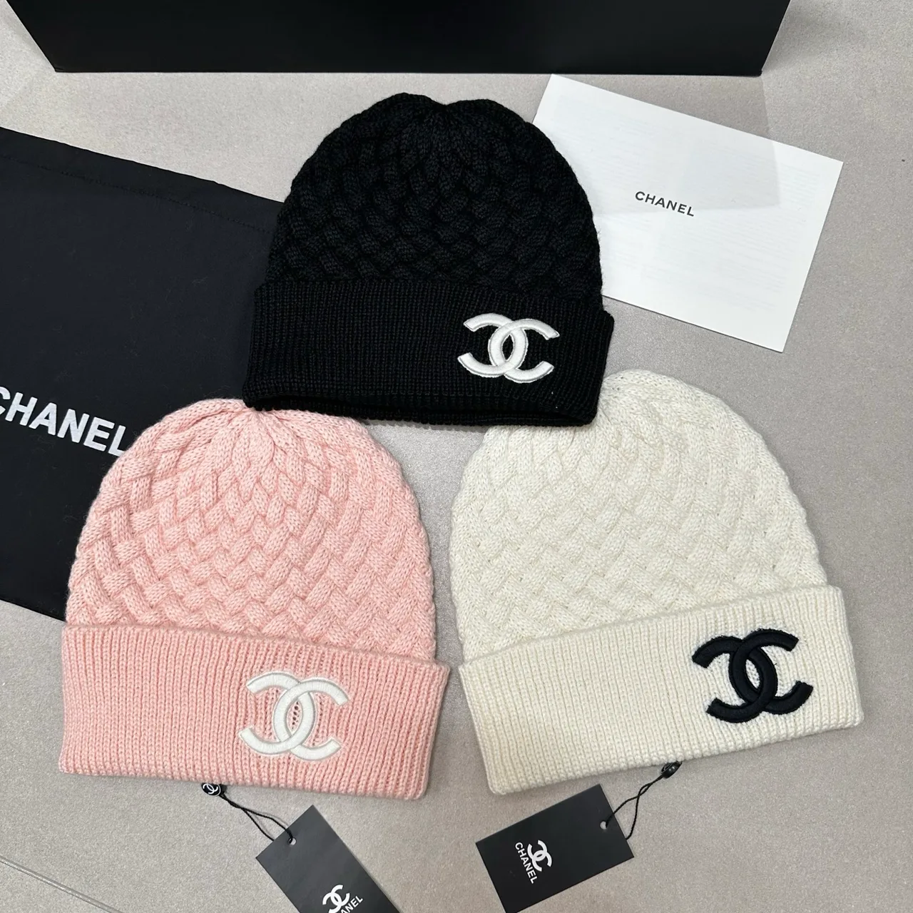 Chanel Textured CC knit beanie in Black & Pink & Cream · view 7