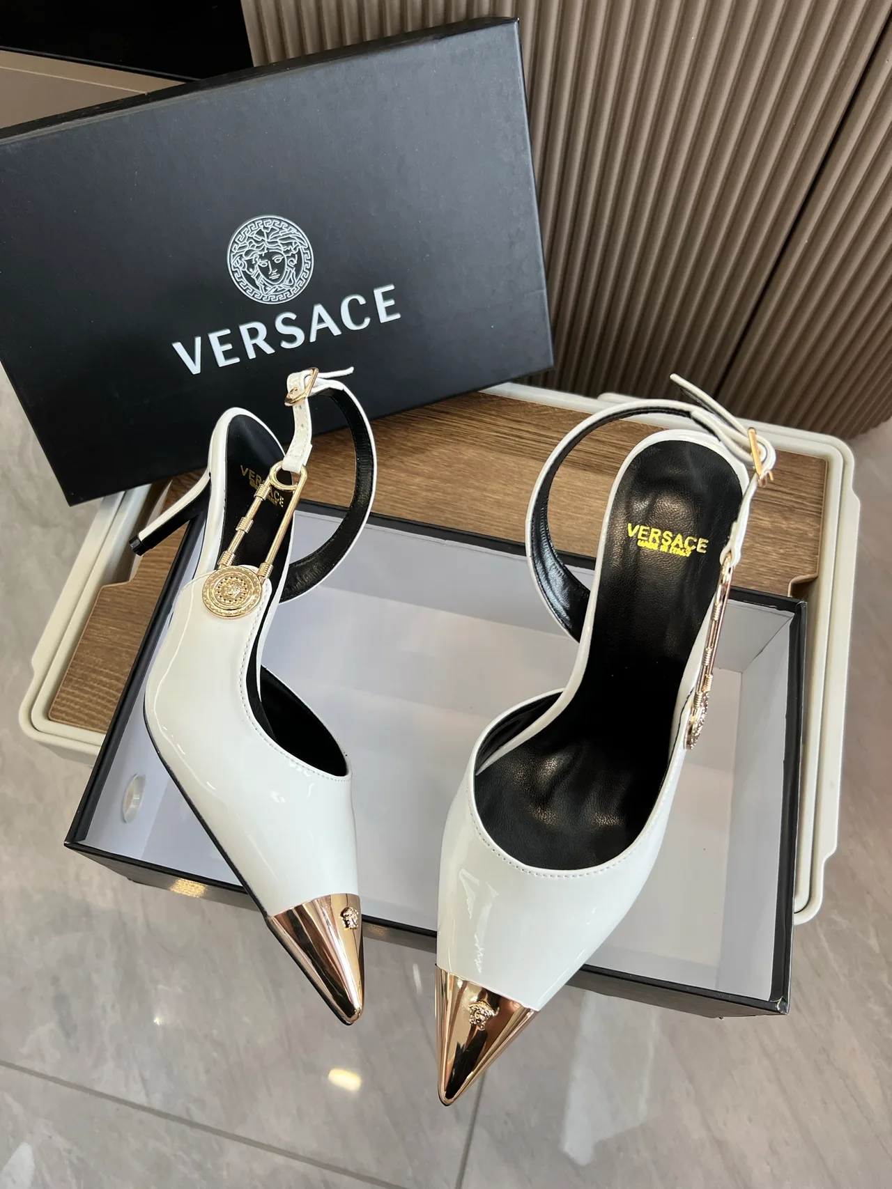 Versace Pointed-Toe Pointed Slingback Pumps in White · view 3