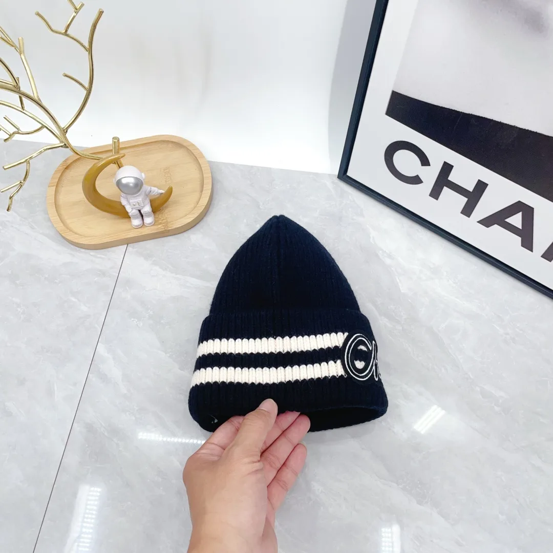 Chanel Ribbed Striped Beanie in Blue · view 7