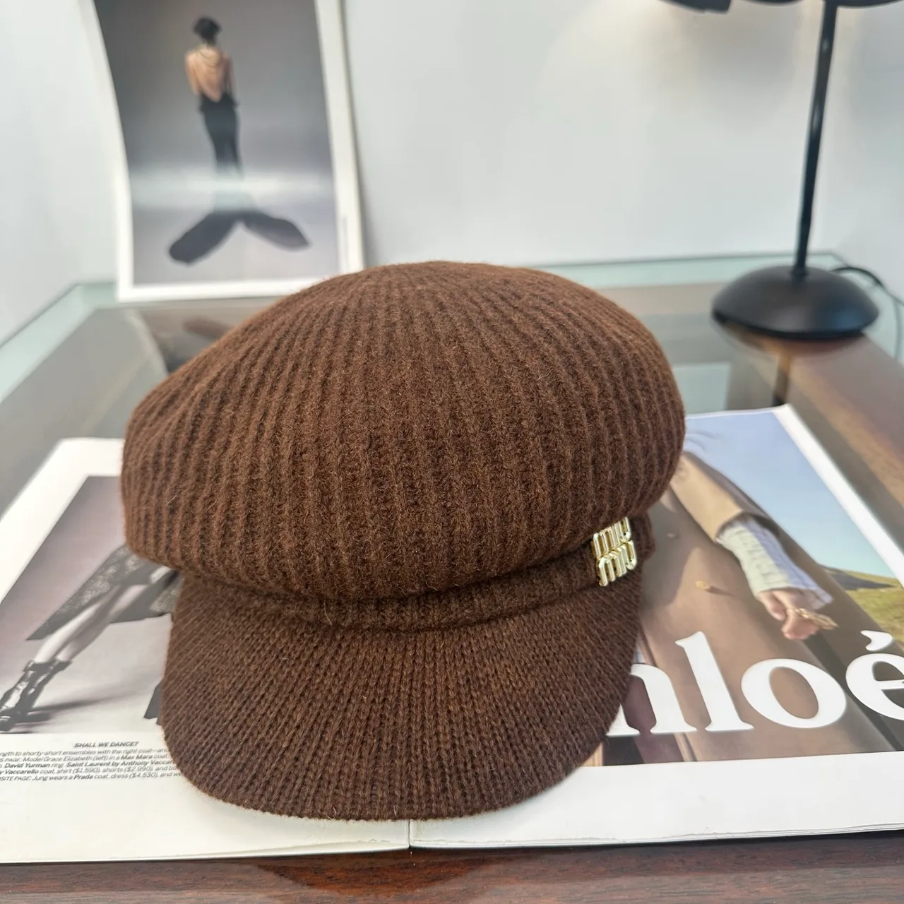 Miu Miu Knit Brimmed Cap in Brown & Beige & Grey & Cream & Black · view 5