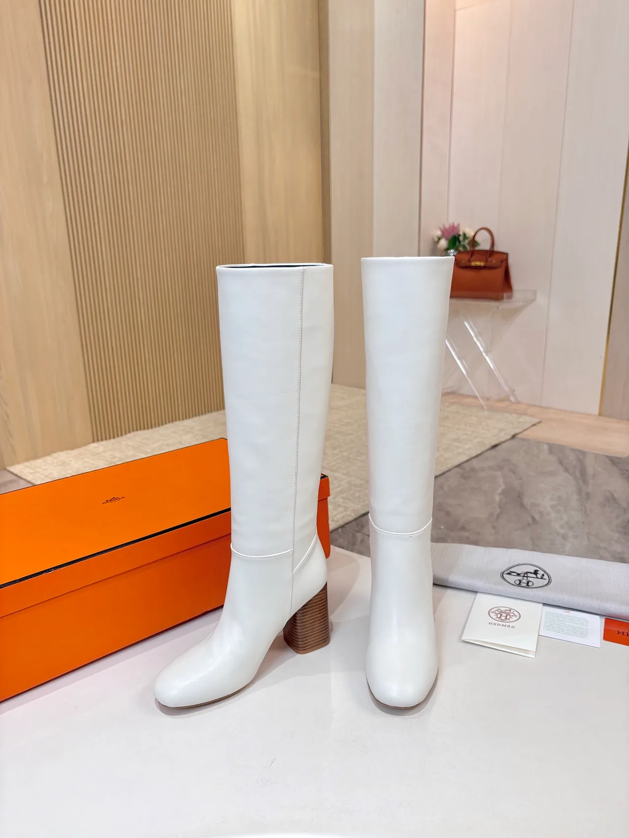 Hermes Cowhide Glossy Knee-High Boots in White · view 7