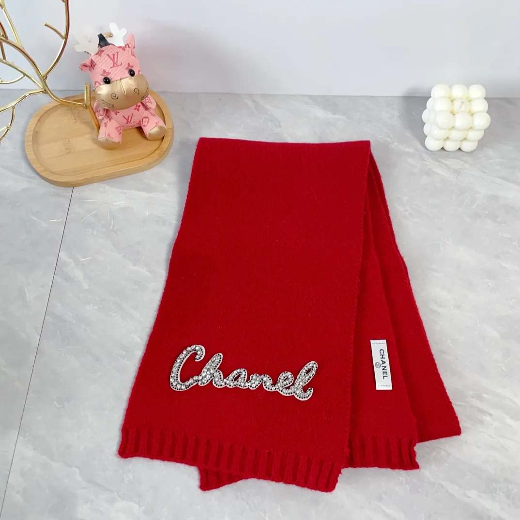 Chanel Wool Ribbed Embroidered Pom-Pom Hat and Scarf Set in Red · view 4